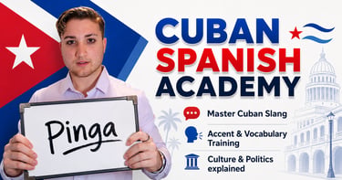 Man holding a sign for Cuban Spanish Academy lessons featuring slang, accent training, and culture.