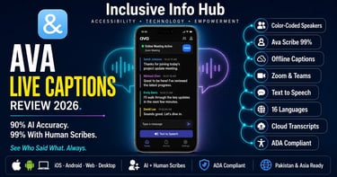 Ava Live Captions Review 2026 featured image showing color-coded group conversation interface with connected ribbon badges