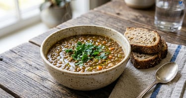 Homemade lentil soup rich in plant-based protein and dietary fiber.