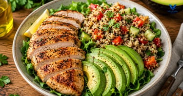 Lean protein, avocado, and quinoa for healthy weight management.