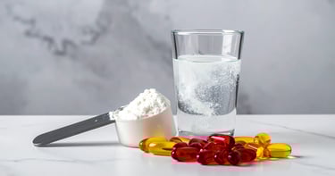 Vaso con creatina precipitada, creatina y cápsulas de omega 3, suplementos beneficios en menopausia