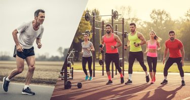 a man and woman running on a track and a man running on a track