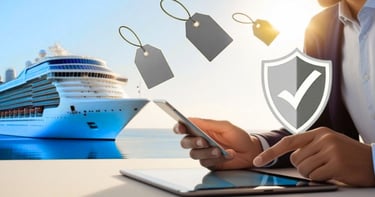 Viajante em uma mesa analisando opções de seguro viagem em um tablet, com navio de cruzeiro ao fundo
