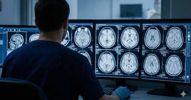 Neurologist reviewing multiple brain MRI scans on diagnostic imaging monitors.