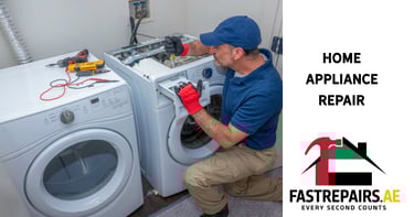 a man in a blue shirt and gloves is fixing a washing machine