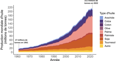Évolution de la production mondiale d’huile végétale depuis 1961, en distinguant différentes huiles