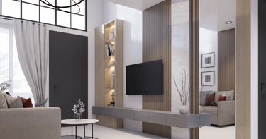Interior lantai mezzanine rumah Maharupa Village desain modern