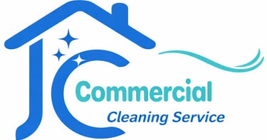 JC Commercial Cleaning Service logo with a blue house outline and sparkling stars for professional janitorial work.