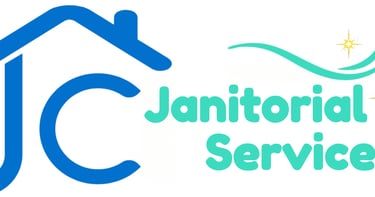 JC Janitorial Service logo featuring a blue house icon with sparkling clean accents.