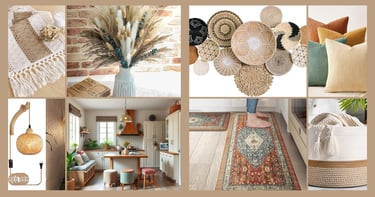 a collage of photos of a room with a rug and other bohemian style decor