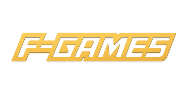 a yellow and black logo on a gray background that say F-Games