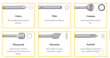 Punteros para martillos hidráulicos y retroexcavadoras Todas las marcas.