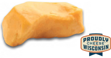 An enlarged cheese curd and the Wisconsin Cheese Logo
