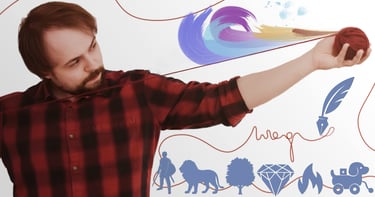 Alexander Androsov holding yarn with metaphor icons – Thumbnail for Writing Masterclass on Udemy.