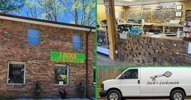 Jack's Locksmith storefront, shop interior, and commercial service van in Burnsville NC
