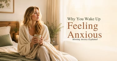 Woman waking up feeling anxious while sitting on her bed with a cup of tea in soft morning sunlight.