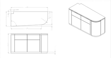 Technical 2D and 3D CAD drawing of a curved office reception desk with dimensional measurements.