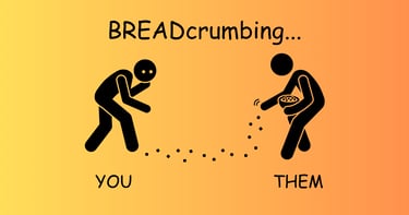Illustration of breadcrumbing in dating showing one figure dropping crumbs for another to follow.