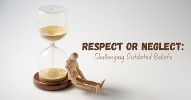 Wooden mannequin leaning on an hourglass with text about challenging outdated beliefs.