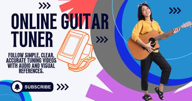 A woman holding an acoustic guitar next to online guitar tuner text and a digital tuner online web 