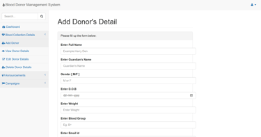 Blood Donor Management System - Add Donor Details Page