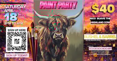 Paint Party flyer featuring a Highland cow canvas painting event at Bushel & Barrel in Poulsbo.
