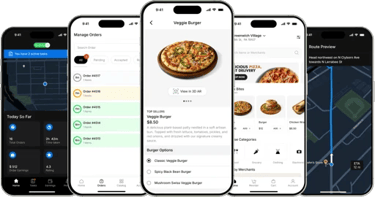 A collection of mobile app UI screens showing food delivery ordering, order management, and GPS route tracking.