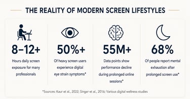 Infographic showing the reality of modern screen lifestyles and effects of digital eye strain.