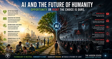 A split infographic showing the risks and opportunities of AI on humanity's future development.