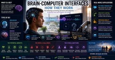 Educational infographic explaining how Brain-Computer Interfaces work, including types of BCI, real-world applications, and