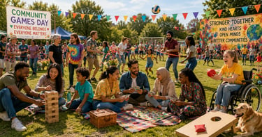 A diverse group of people enjoying board games and outdoor activities at a sunny community games day festival.