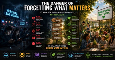An infographic contrasting digital isolation with human connection, featuring technology vs community themes.