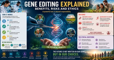 Infographic titled Gene Editing Explained showing CRISPR technology, benefits like healthier futures, and ethical risks.