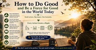 Infographic on how to be a force for good in the world, featuring kindness tips and a scenic sunset lake view.