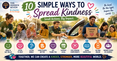 Infographic showing 10 simple ways to spread kindness with icons and people performing random acts of kindness.