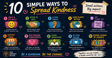 Infographic showing 10 simple ways to spread kindness with colorful icons and helpful tips for positive actions.