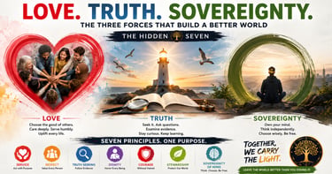 Inspirational infographic showing Love, Truth, and Sovereignty as core principles for building a better world.