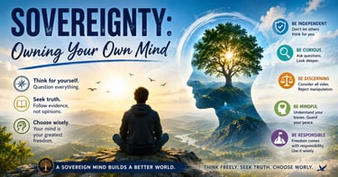 Inspirational graphic about mental sovereignty and critical thinking featuring a man meditating over a mountain landscape.