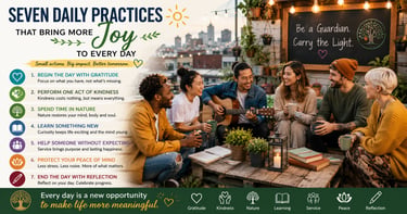 Diverse group of friends smiling on a city rooftop next to a list of seven daily practices for joy.
