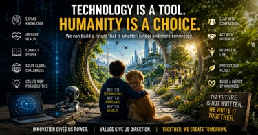 A child and dog viewing a futuristic green city through a portal, illustrating humanity and technology.