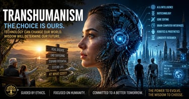 A transhumanism concept poster showing a cyborg woman looking over a futuristic city at sunset.