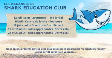 un requin qui présente les dates des animations Shark Education Club
