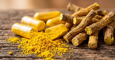 Cápsulas de berberina abiertas con su polvo amarillo sobre madera, junto a raíces secas de agracejo.