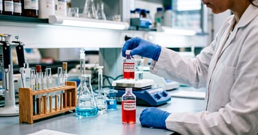 Manos con guantes de laboratorio sosteniendo un frasco de líquido rojo de capsaicina