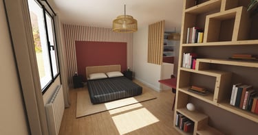 Vue chambre avec bibliothèque