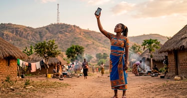 Mujer rural africana con móvil, antena distante, ilustrando cobertura pero desconexión digital.