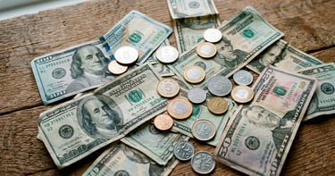 Billetes de dólar desordenados rodeados de monedas de China, India y Brasil 