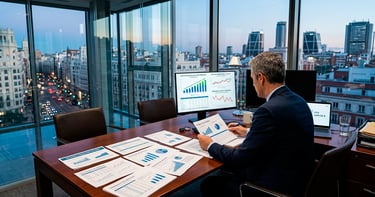 Director financiero en una oficina moderna inspeccionando gráficos financieros, ciudad de fondo