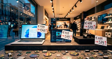 Portátil, tableta y consola en escaparate con microchips, reflejando precios al alza.