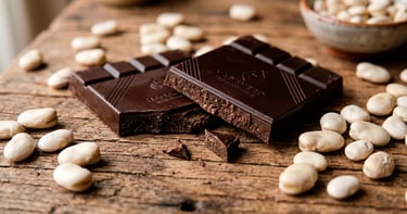 Barra de chocolate junto a habas blancas, representa la innovación del chocolate sin cacao